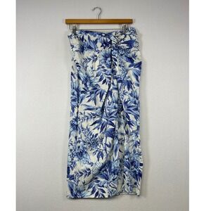 Coastal Toile H&M Women 10 Blue White Floral Linen Blend Sarong Midi Skirt Knot